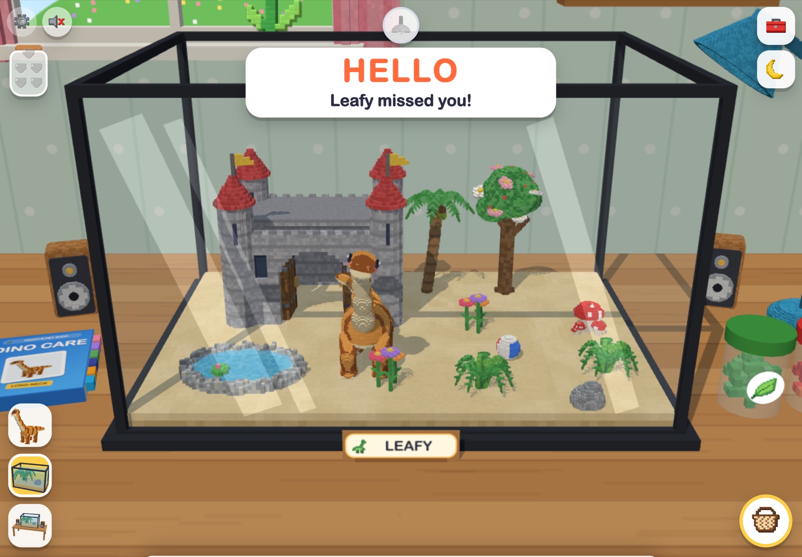 Leafy the baby long-neck in a tank with a castle, pond, trees and flowers, with the word HELLO shown above
