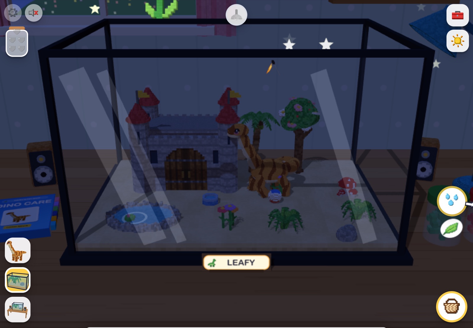 The tank at night under twinkling stars, with a bubble showing the pet would like a drink