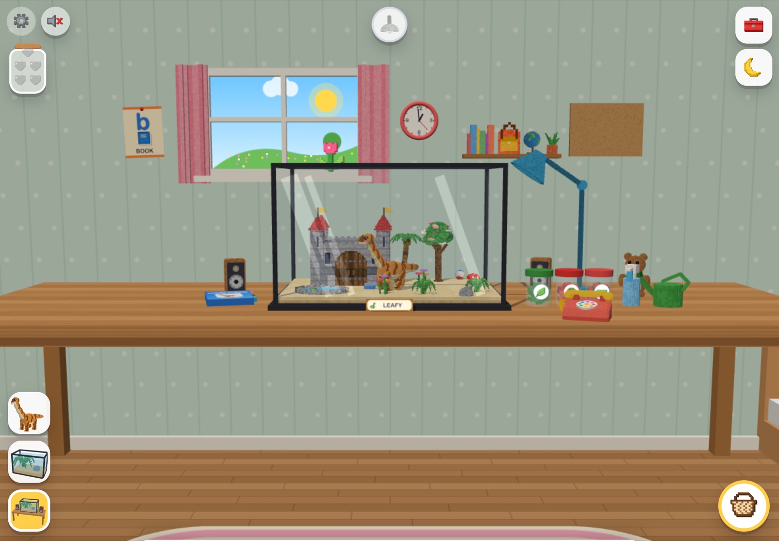The tank on a desk in a cosy bedroom with a window, clock, lamp and toys